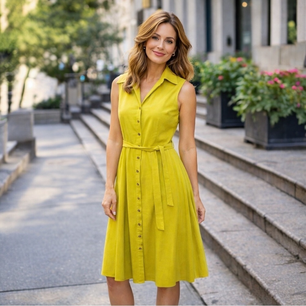 Sharagano Chartreuse Yellow Buttoned Belted Midi Sleeveless Dress Size 4